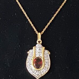 Elegant 14K Gold and Garnet and Diamonds pendant with 18 inch chain